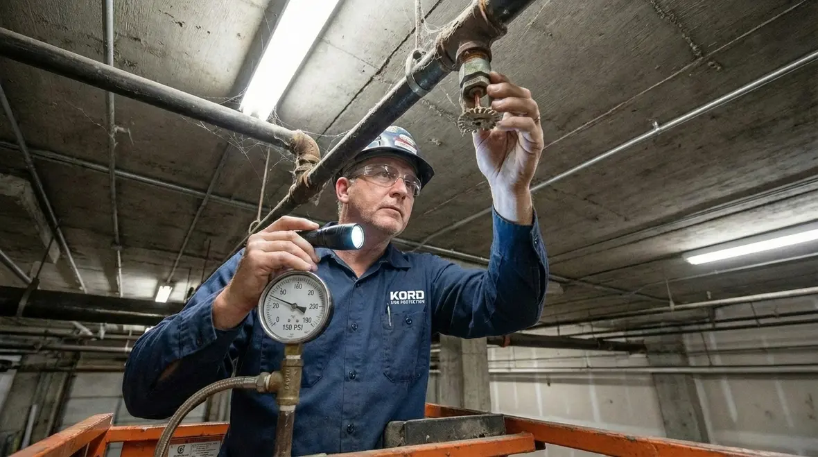 Kord Fire technician performing El Segundo fire sprinkler inspection