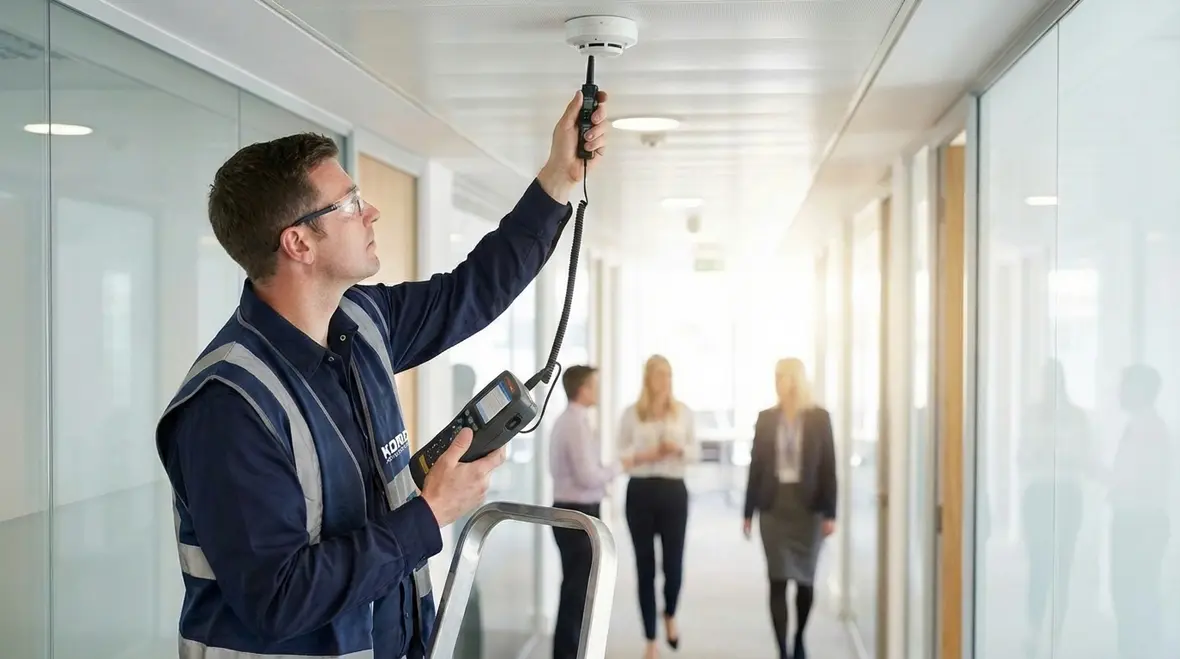 Technician performing smoke detector sensitivity testing in Glendora