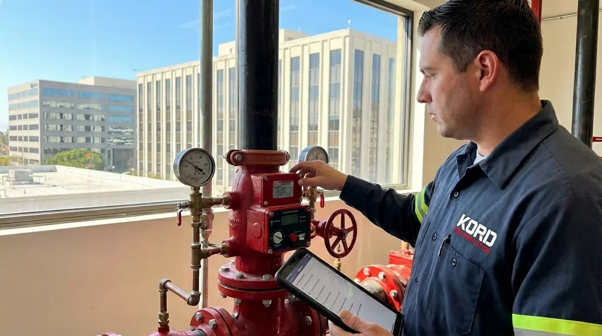 Glendale fire sprinkler maintenance technicians inspecting a commercial system
