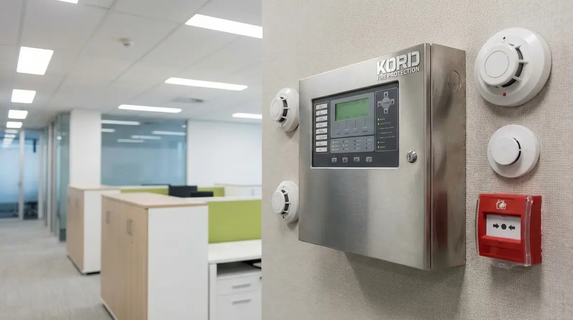 Technician configuring Glendora fire alarm monitoring panel