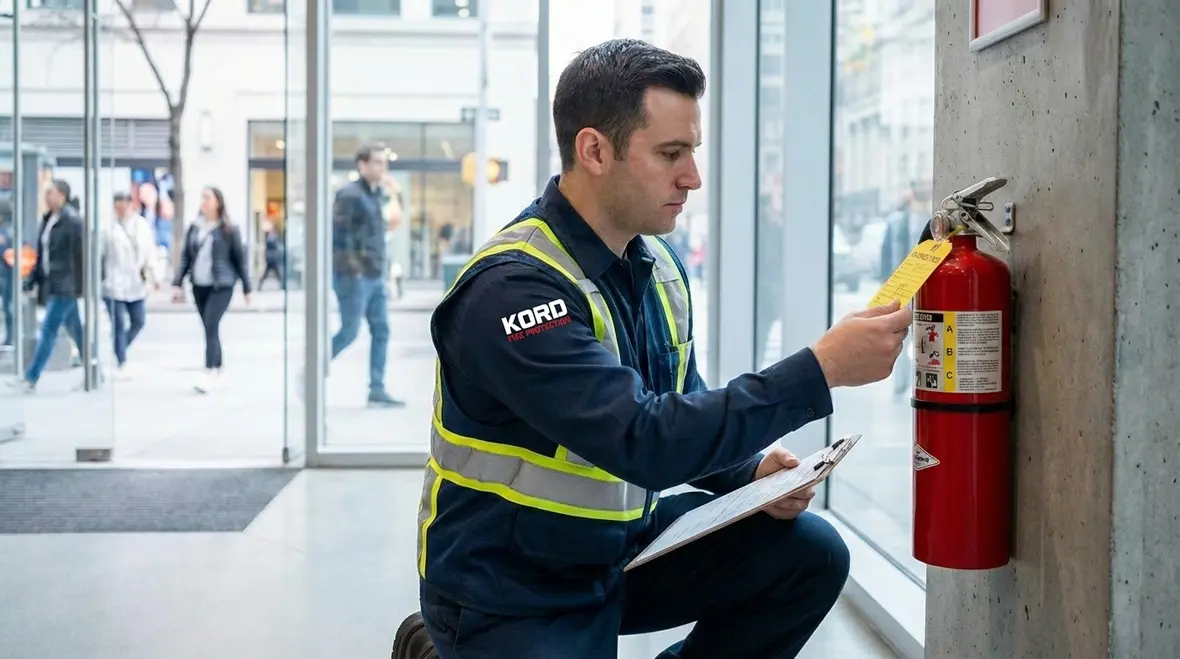 Technician performing Hawaiian Gardens fire extinguisher inspection
