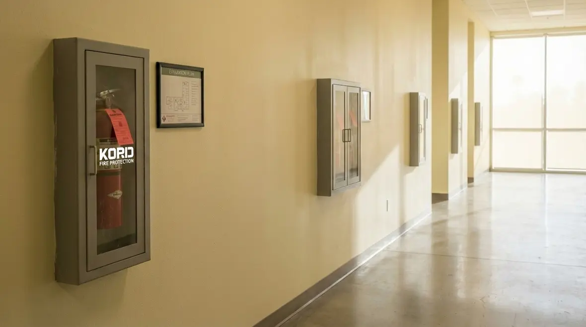 Technician checking fire extinguisher tags and pressure