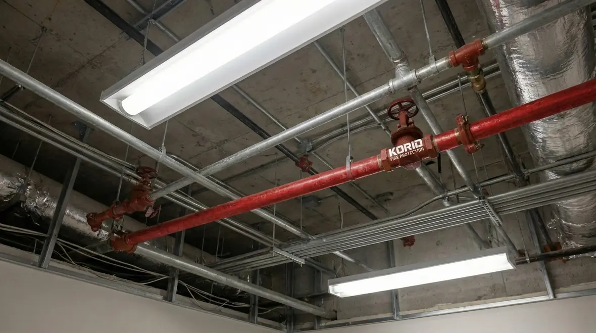 Technician performing Hawthorne fire sprinkler maintenance inside riser room