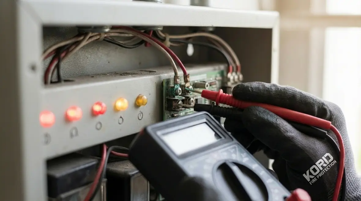 Inside wiring of a commercial fire alarm control panel