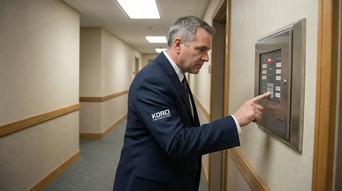 Technician checking a fire alarm control panel for early electrical faults