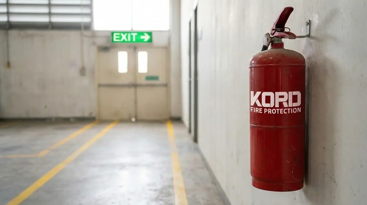Industrial fire extinguisher mounted along a clear warehouse route
