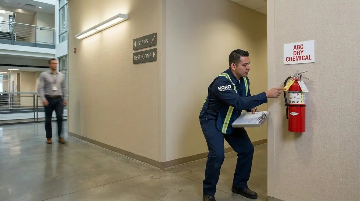 Clear access route to a fire extinguisher in a large building