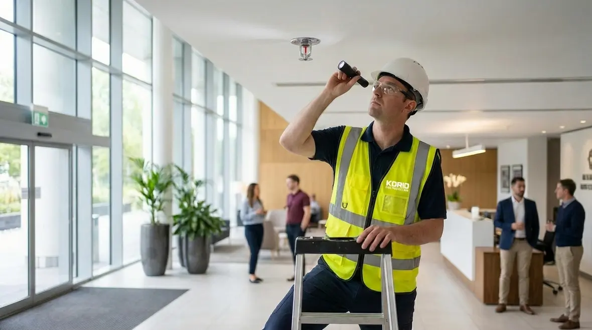 Fire protection technician performing sprinkler maintenance in Glendale