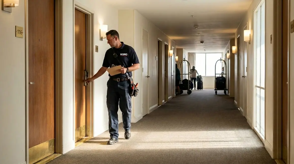 Inspector checking fire door hardware and labeling
