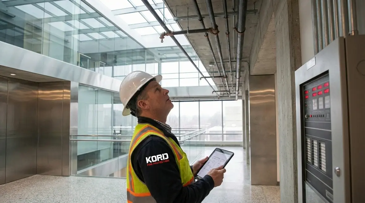 Facility manager reviewing Inglewood fire safety exits and alarms