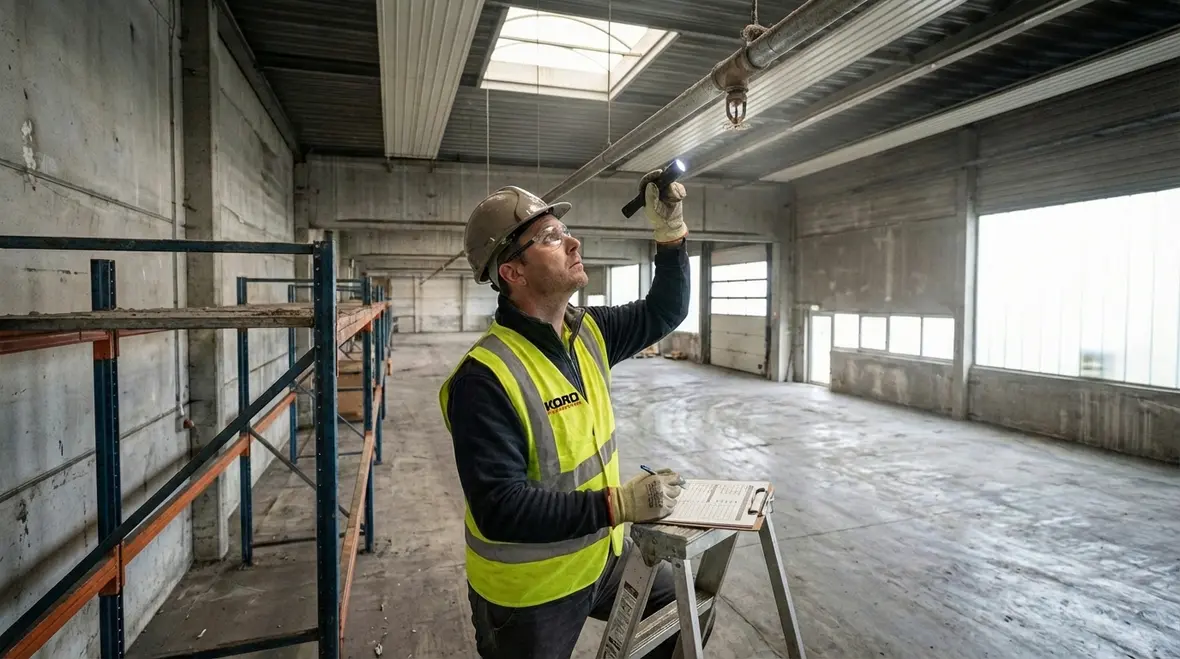 Technician explaining fire code compliance details to facility manager