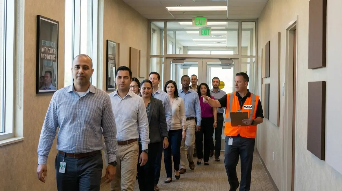 Staff fire drill and extinguisher training in Inglewood facility