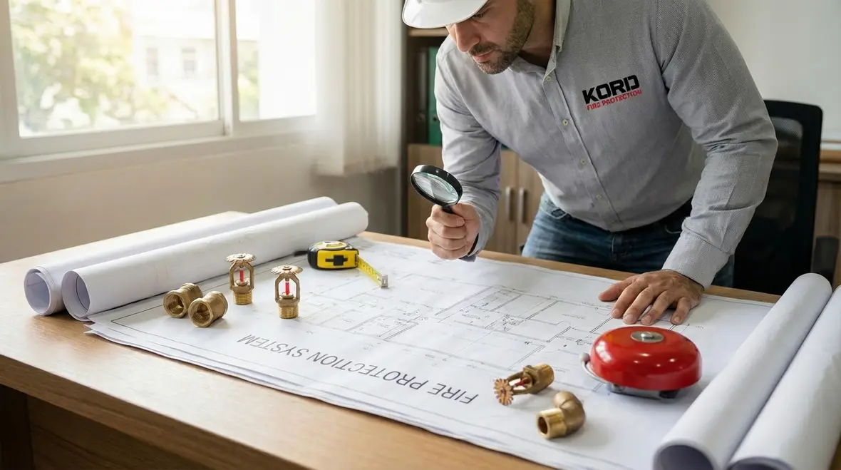 Technician inspecting fire protection system equipment