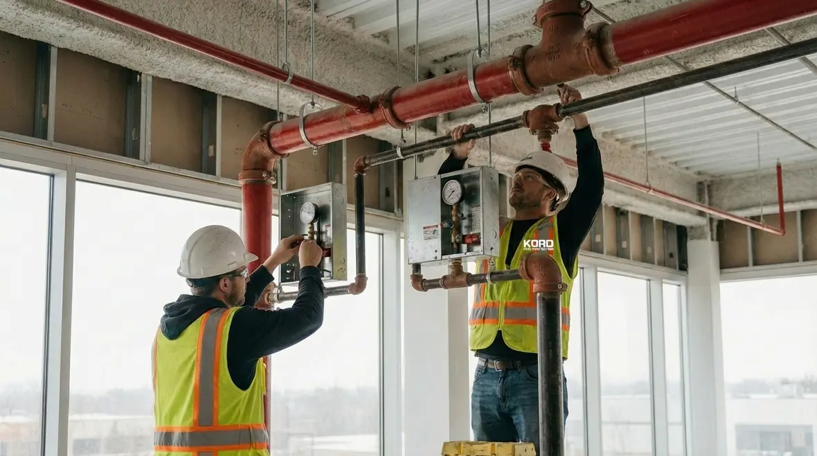 Fire protection technician testing alarm and sprinkler systems