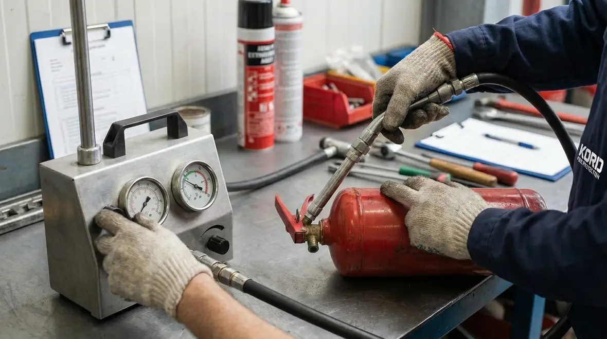 Row of serviced fire extinguishers ready for return to service