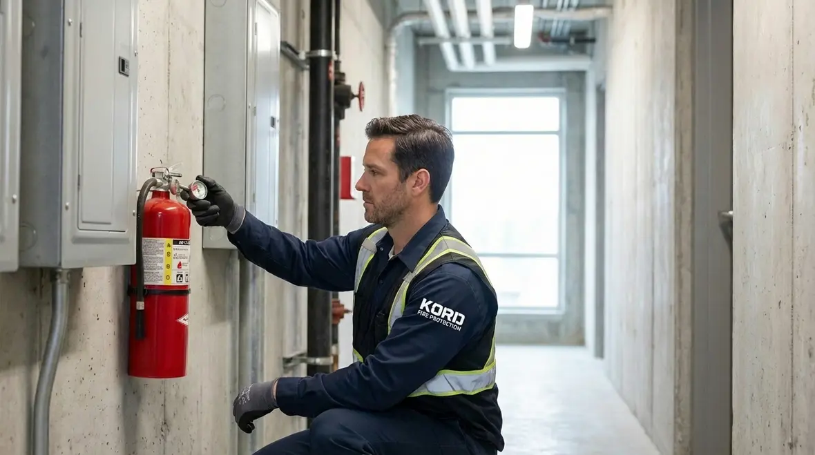Technician performing fire extinguisher inspection