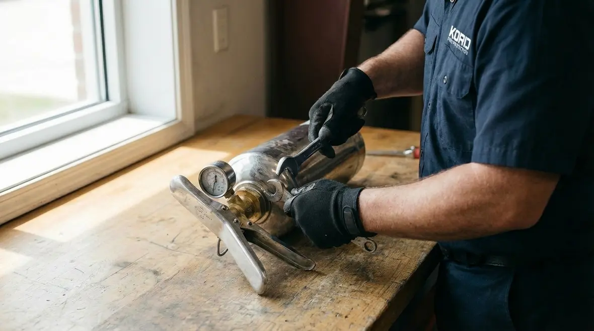 Fire extinguisher internal parts being replaced and serviced