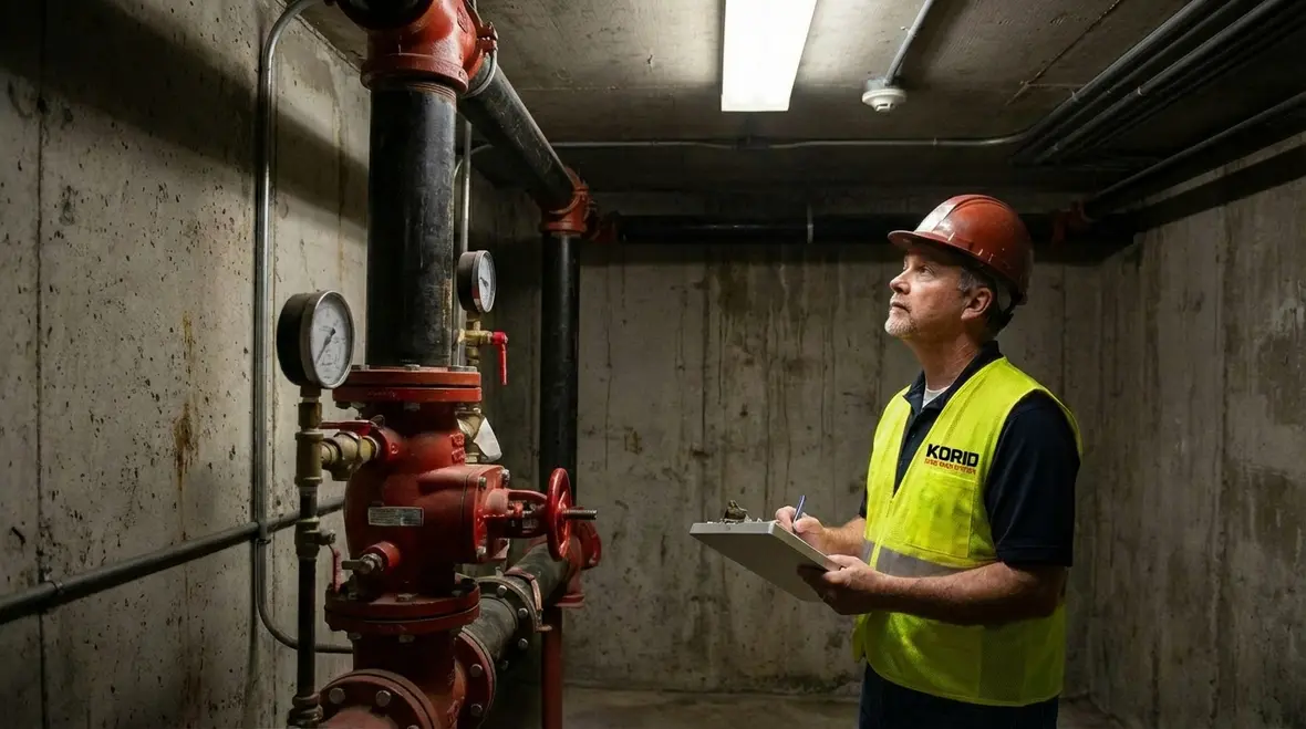 Technician testing fire alarm and sprinkler integration