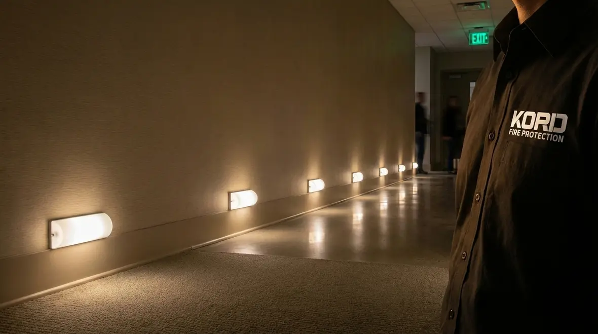 Technician inspecting egress lighting fixtures in corridor