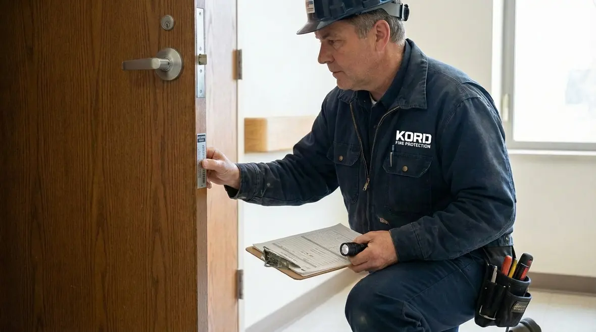 Technician inspecting fire door compliance items
