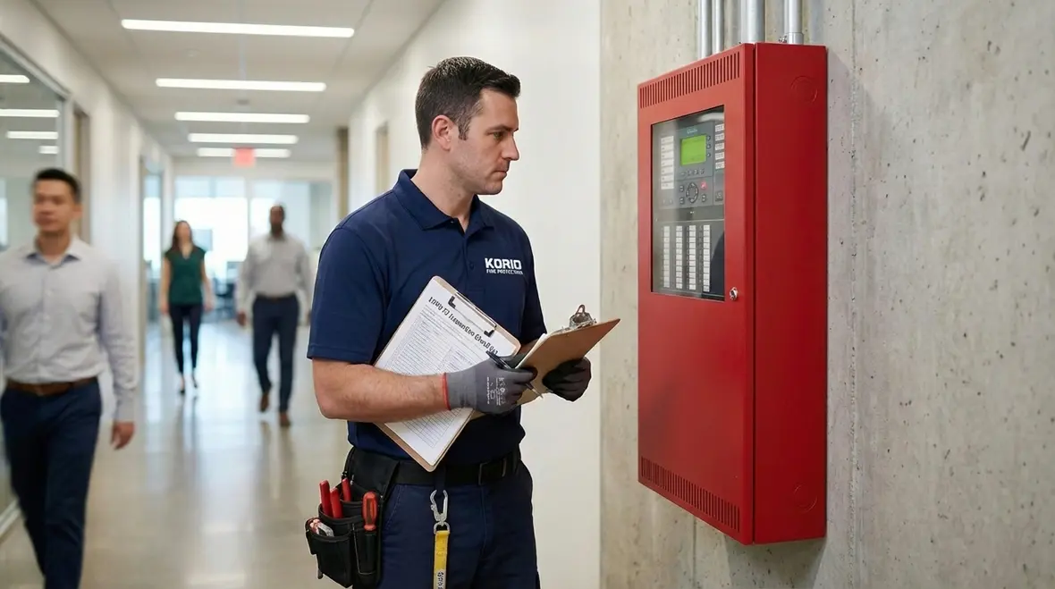 Commercial building corridor with clearly marked fire alarm devices