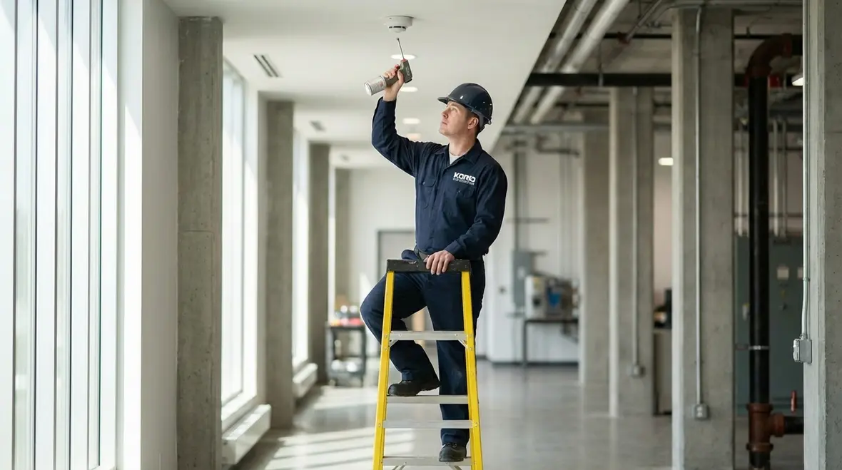 Fire alarm control panel being inspected by technician