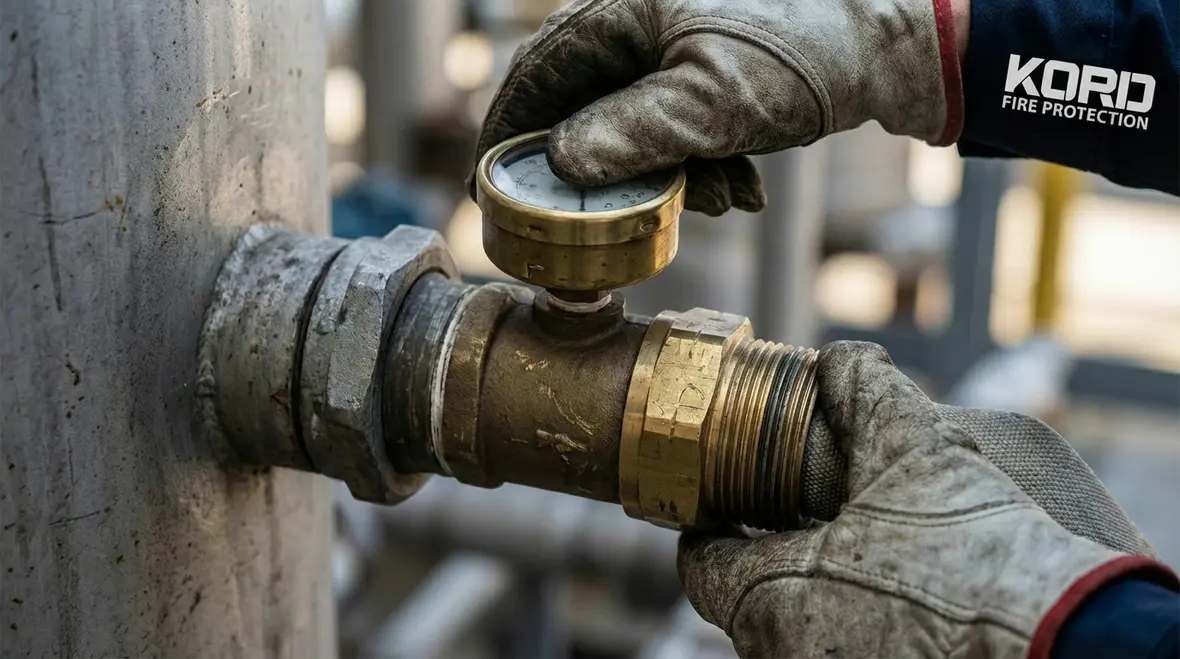 Inspector testing a standpipe outlet and gauge