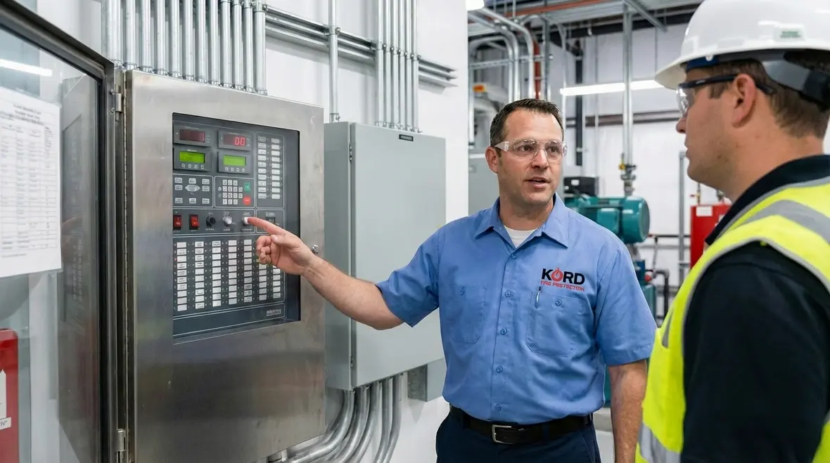 Technician reviewing Lancaster fire suppression system layout