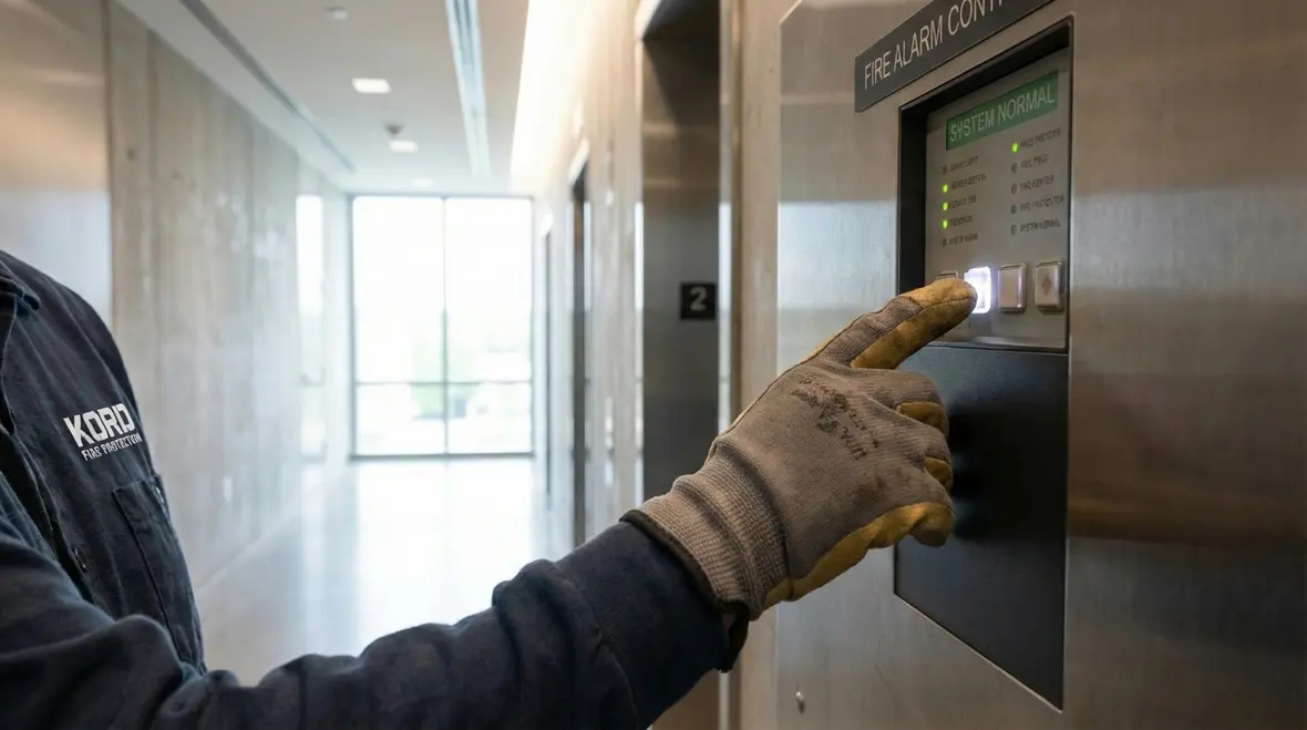 Technician inspecting a Lancaster fire alarm monitoring system