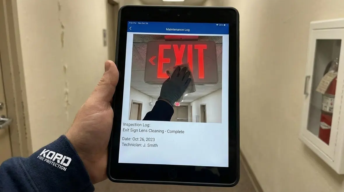 Technician testing egress and exit lighting systems