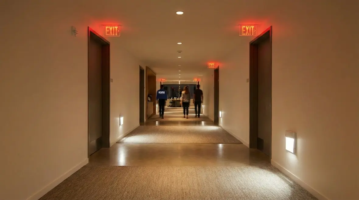 Emergency exit and egress lighting in La Verne corridor