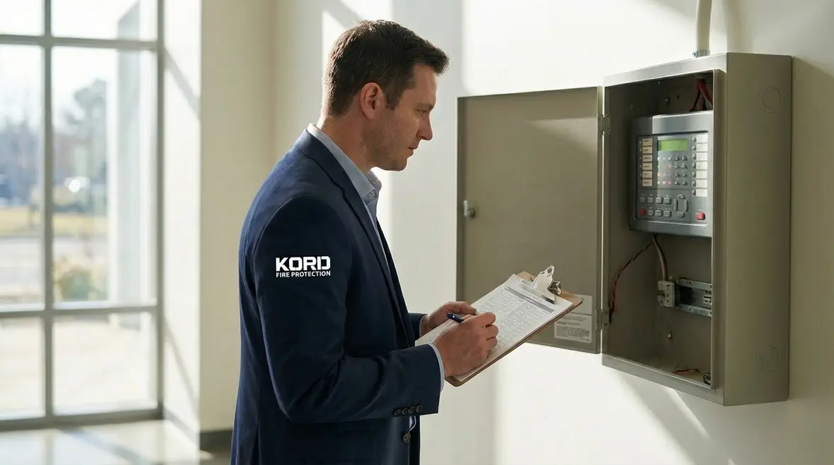 La Puente technician testing fire alarm control panel