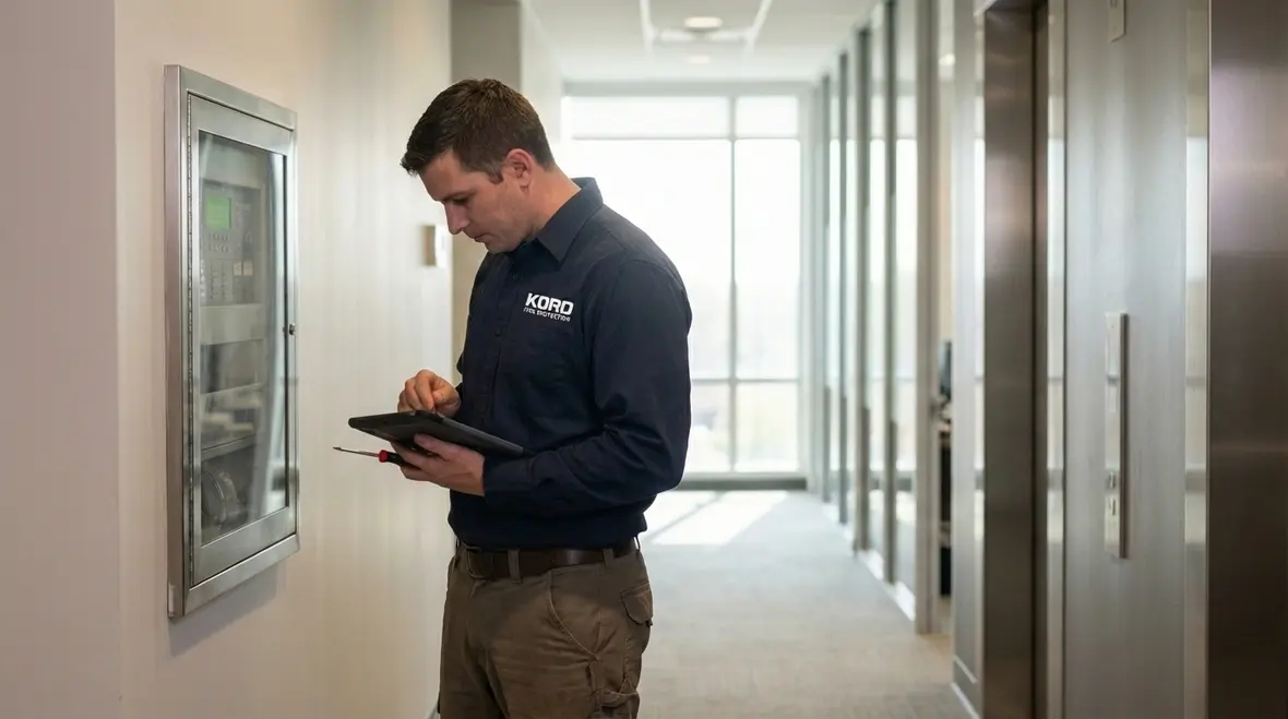 Technician performing La Puente fire alarm inspection