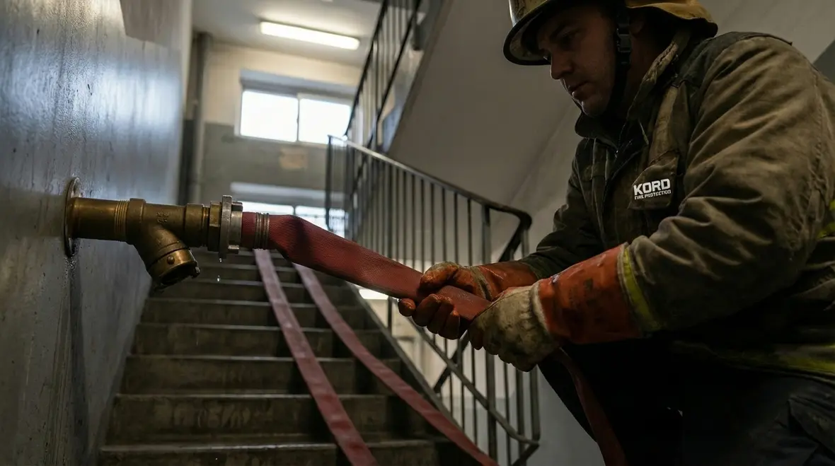 Fire protection technician reviewing standpipe inspection paperwork