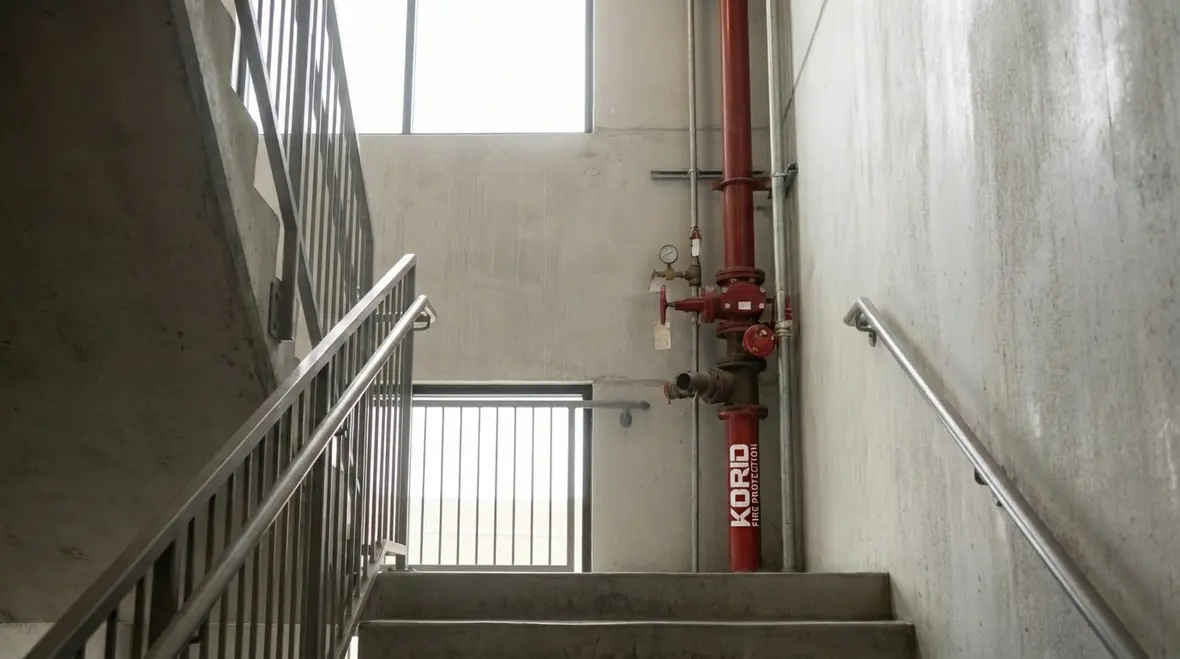Technician inspecting standpipe system in a Lawndale building stairwell