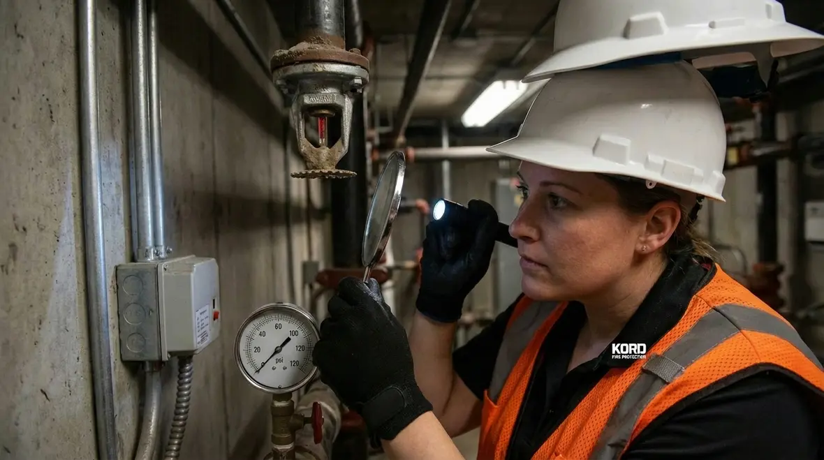 Technician checking fire sprinkler valves and gauges on hillside property