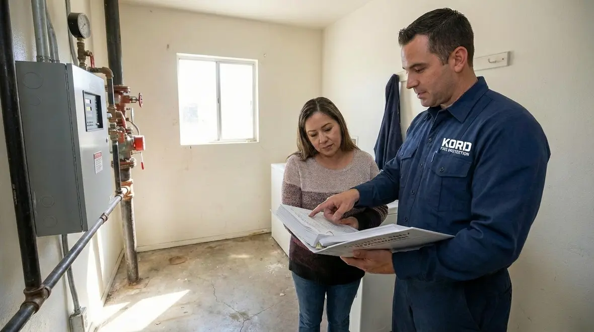 Fire sprinkler technicians inspecting a hillside estate system