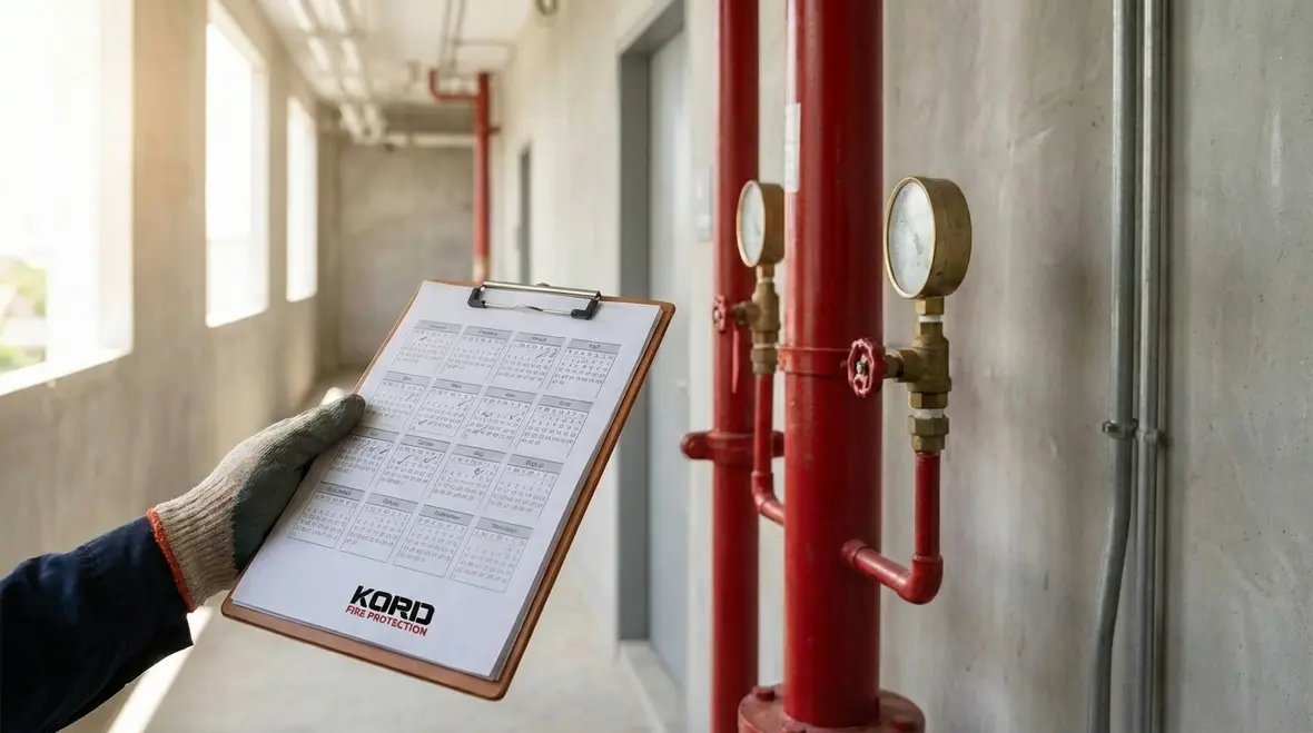 Fire protection technician reviewing codes and inspection checklist