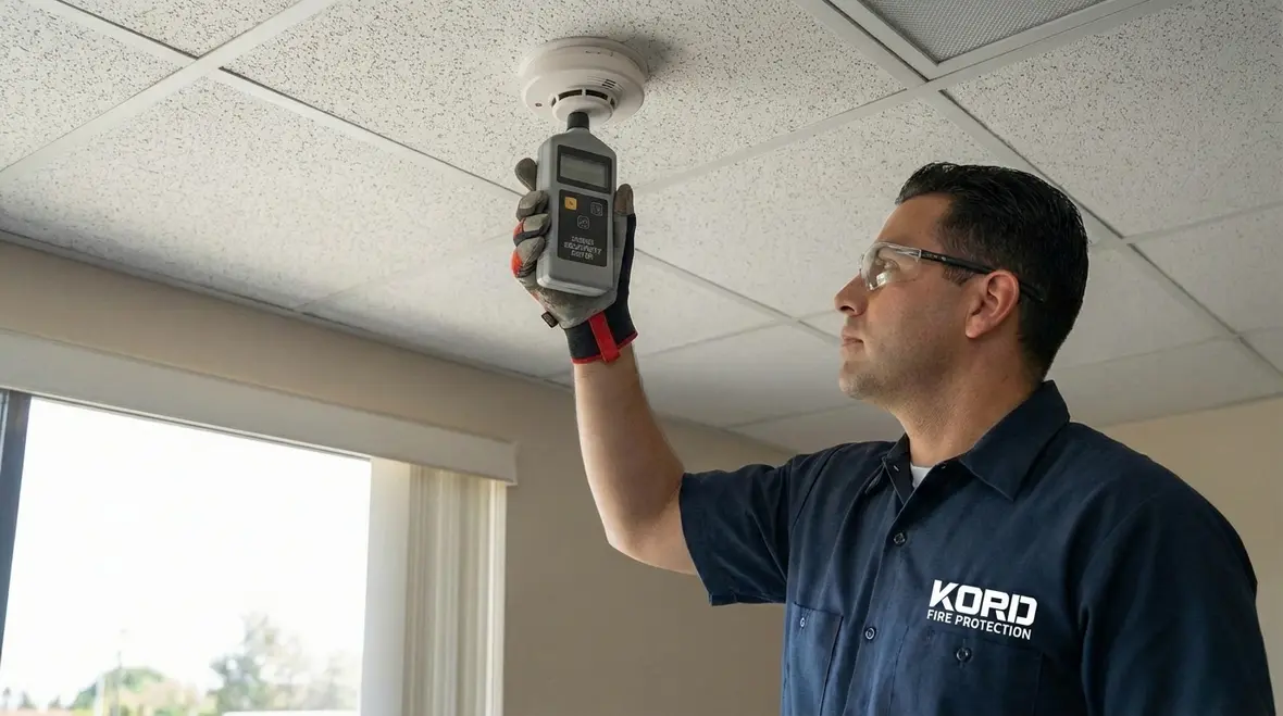 Technician performing La Puente smoke sensitivity testing on ceiling smoke detector