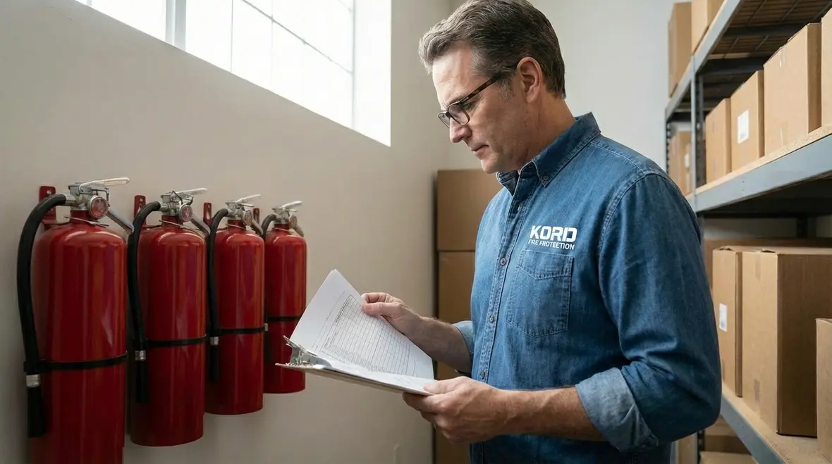Technician inspecting fire sprinkler system in a La Mirada business