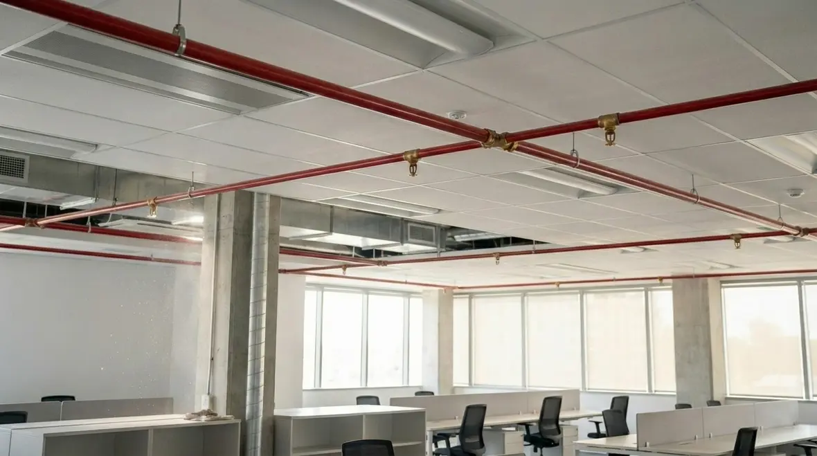 Technician inspecting a Lancaster commercial fire sprinkler system