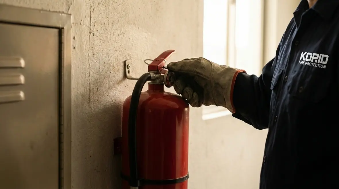 Technician performing fire extinguisher inspection near La Verne business