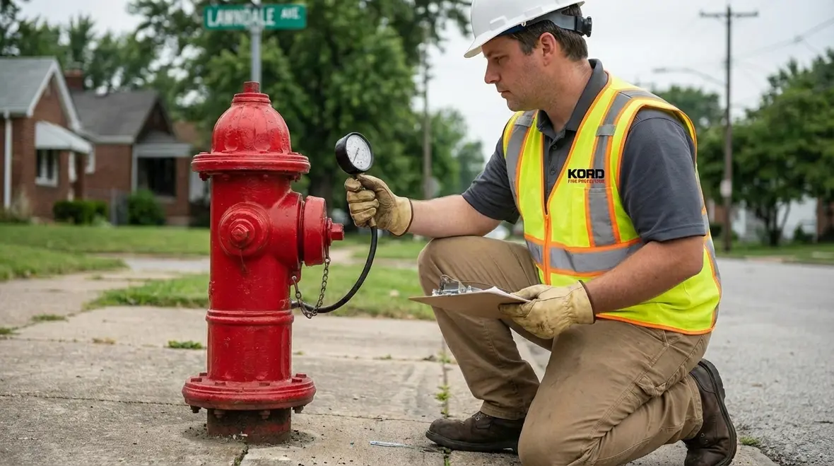 Technician performing Lawndale fire hydrant flow inspection