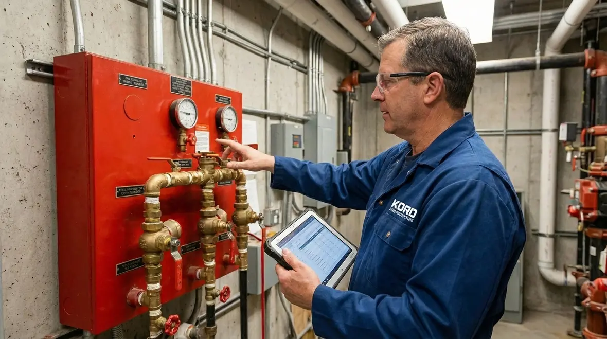 Fire protection technician documenting Lynwood sprinkler inspection results