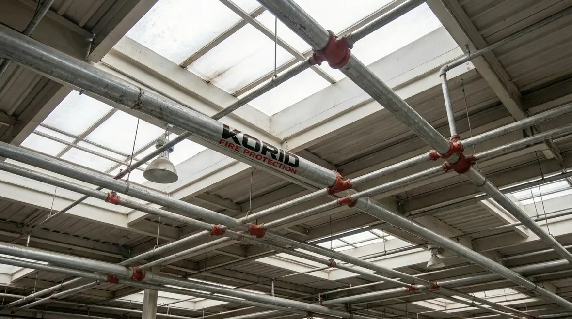 Technician inspecting fire sprinkler riser in Lynwood building