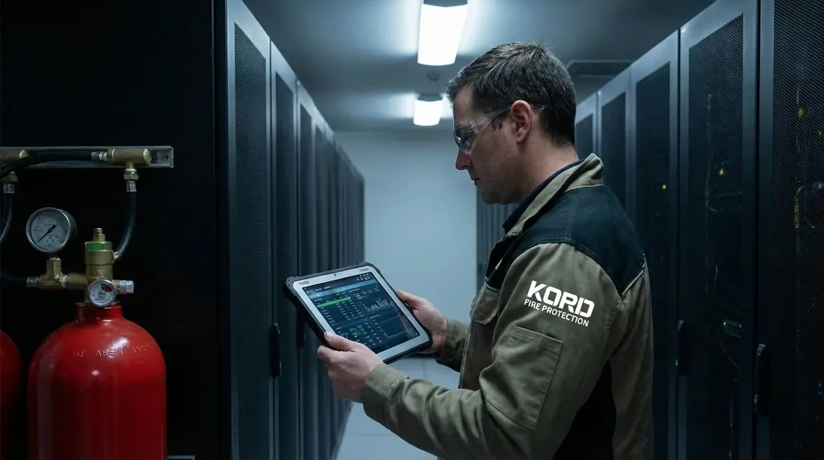Technicians preparing blower door test in Long Beach data room