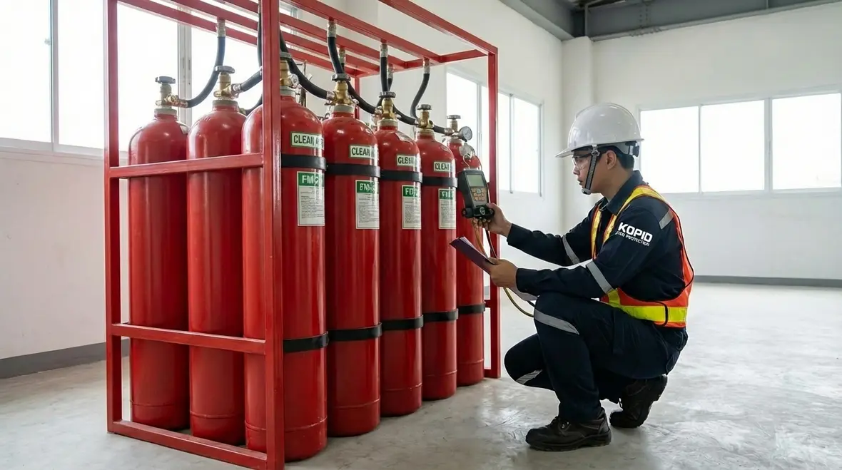 Clean agent fire suppression cylinders in a Long Beach facility