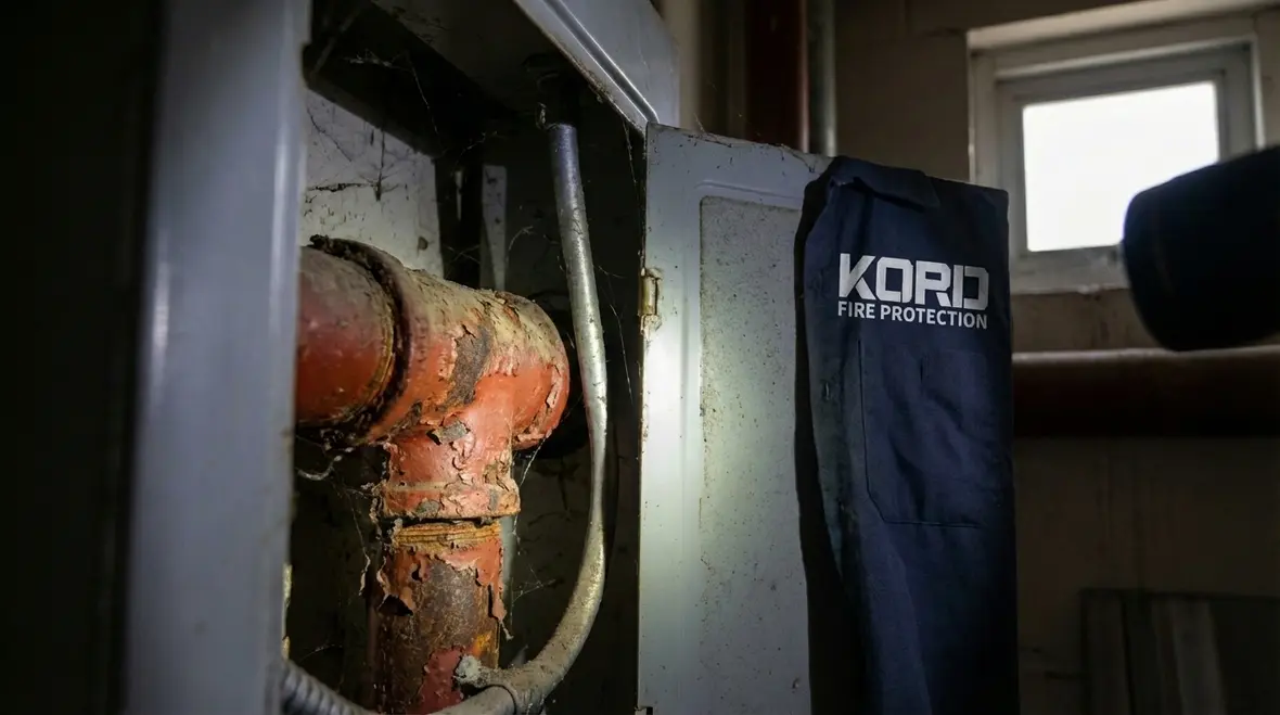 Technician performing preventive maintenance on a fire protection system