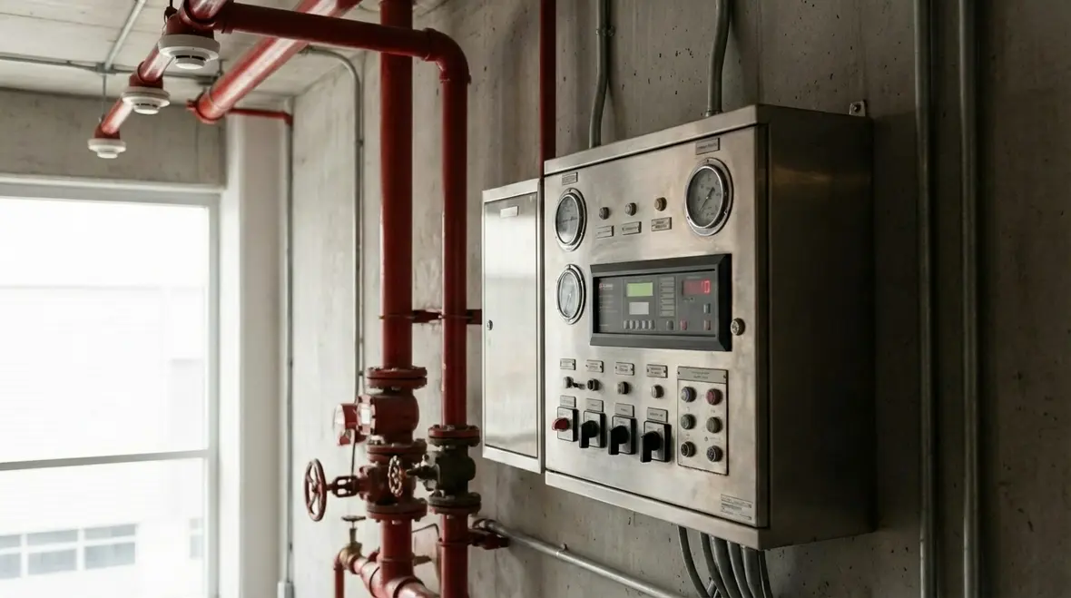 Technician inspecting Lynwood fire suppression piping in a commercial building
