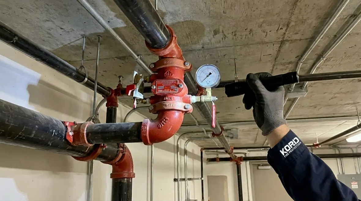 Lynwood fire sprinkler maintenance technician checking gauges